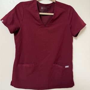 Figs Women's Burgundy v Neck scrub Top with front pockets